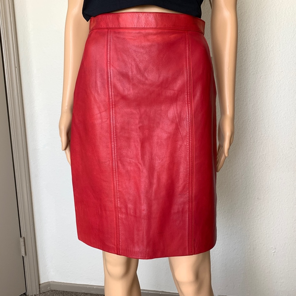 ✨Authentic Chanel Skirt✨ Red Lamb Skin Leather Midi Skirt Designer Vintage Skirt